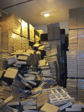 A stack of boxes that has fallen over.