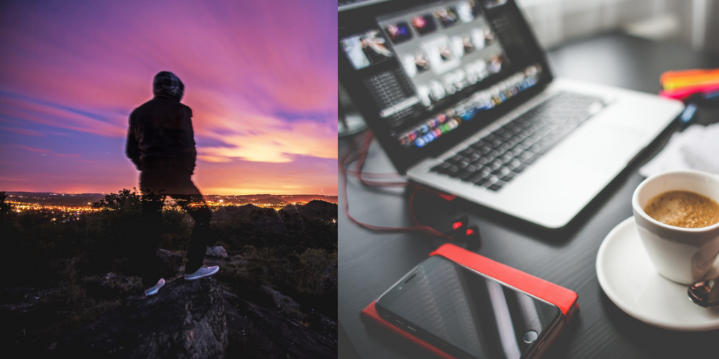 A person standing on top of a hill looking out and a laptop with headphones in, a phone, and a mug and saucer on a wooden table.