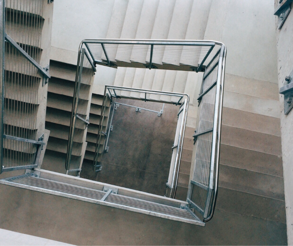 An aerial view of a spiral-shaped stairway.