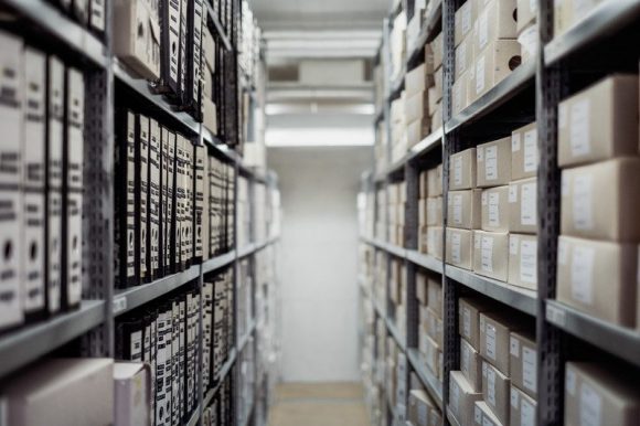 Rows of boxes stacked on shelves.