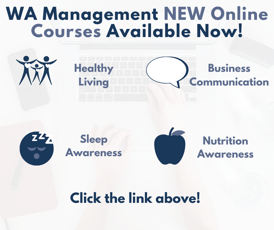 New Online Training Courses: healthy Living, Business Communication, Sleep Awareness and Nutrition Awareness in a blue font against a white background, with illustrations. There is also illustrations of 3 people with their hearts highlighted, a speech bubbles, a sleepy face and an apple.