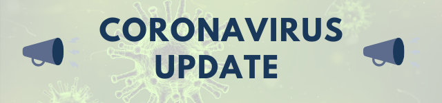 'Coronavirus Update' in a blue font alongside two blue megaphone illustrations against a slightly transparent green background which features viruses under a microscope.