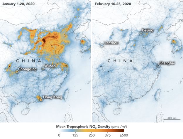 A comparison of nitrogen dioxide levels over China in January 1-20 2020 compared to February 10-25 2020. The levels are considerably lower in February.