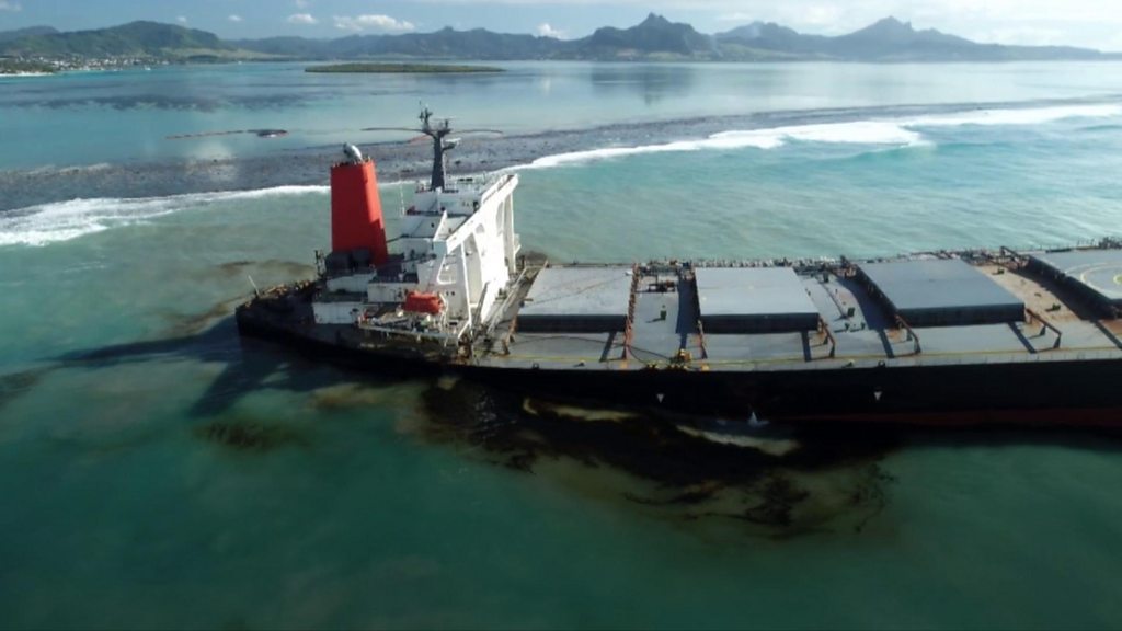 The grounded MV Wakashio ship which is leaking oil near the island of Mauritius.