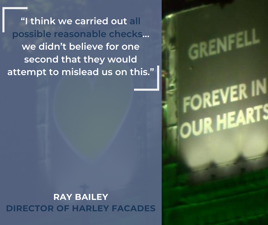 A quote by Ray Bailer, Director of Harley Facades which reads "“I think we carried out all possible reasonable checks… we didn’t believe for one second that they would attempt to mislead us on this" in white and blue text against a picture of a 'Grenfell Forever In Our Hearts' projection.