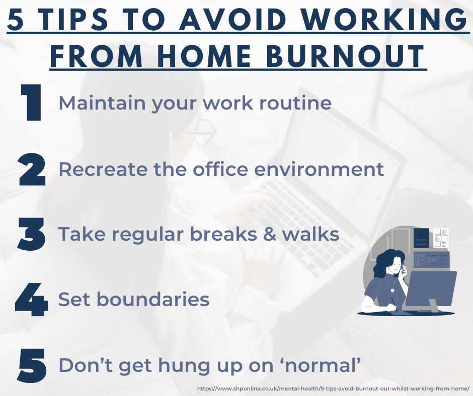 5 tips to avoid working from home burnout inforgraphic reading "1. Maintain your work routine 2. Recreate the office environment 3. Take regular breaks & walks 4. Set boundaries 5. Don’t get hung up on ‘normal’". 