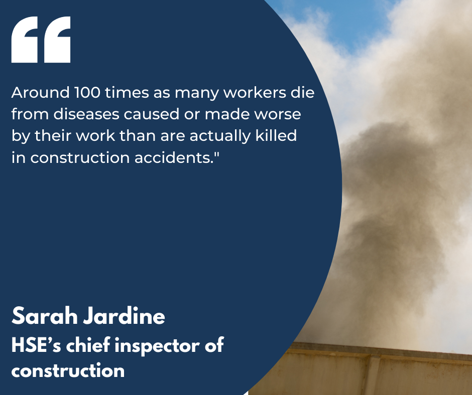 A quote by Sarah Jardine, HSE's Chief Inspector of Construction, which reads "Around 100 times as many workers die from diseases caused or made worse by their work than are actually killed in construction accidents." It is in white text against a blue semi-circle and picture of dust in the background.