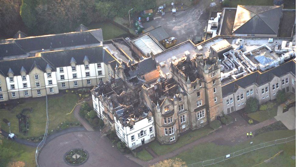 Aerial photograph showing the extent of the damage to Cameron House after a fire that claimed the lives of two guests.