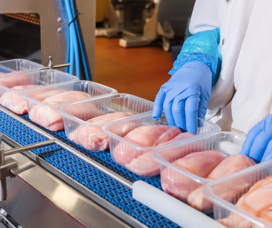 Raw meat on conveyor belt