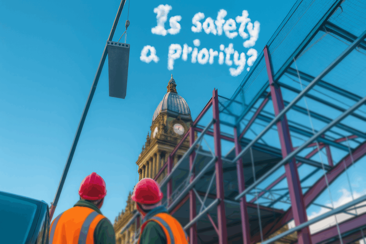Health and Safety Advisor Leeds – two construction workers in safety gear watch a steel beam being lifted near Leeds Town Hall, with the words “Is safety a priority?” written in fluffy white cloud text.